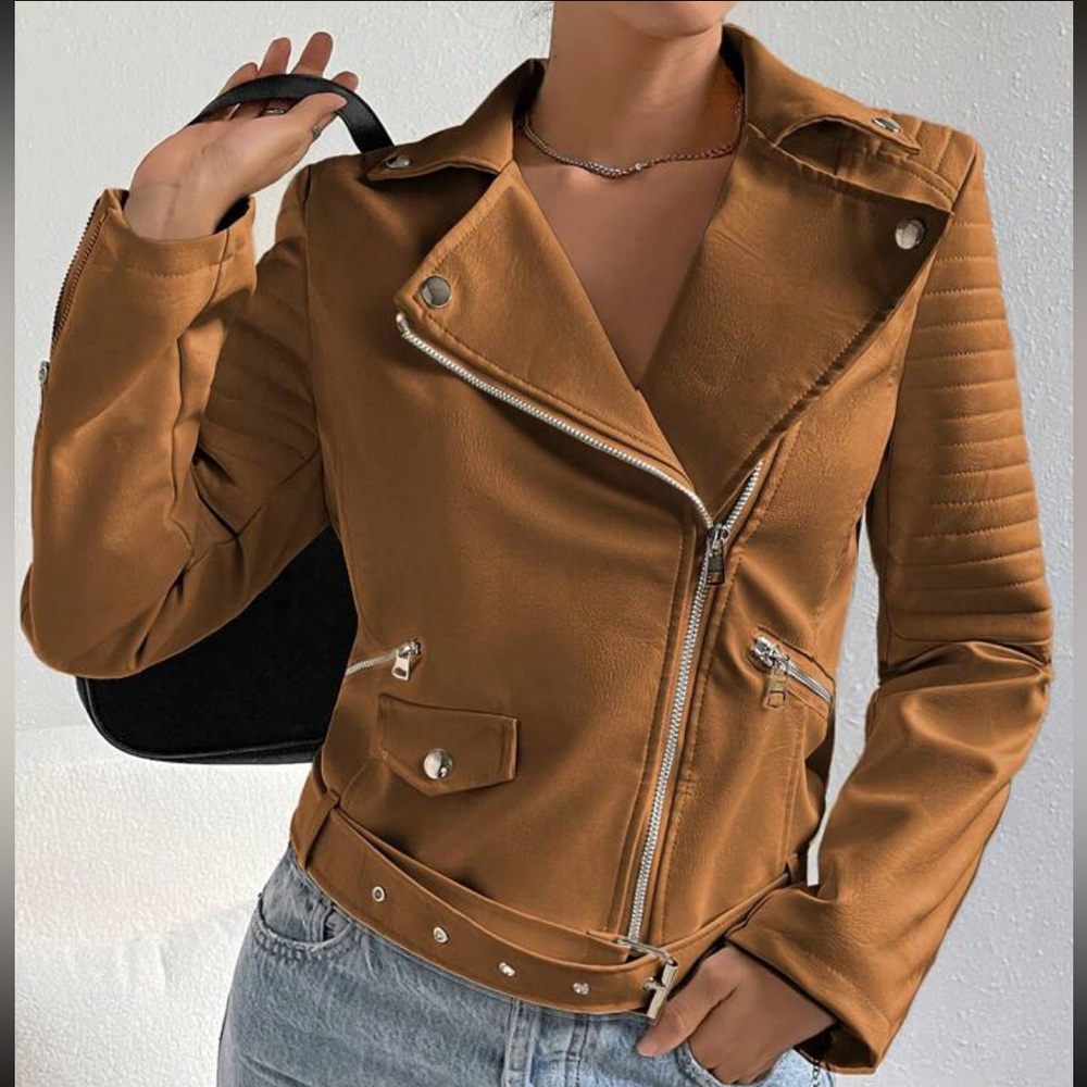 leather zipper biker moto motorcycle jacket camel - Picture 10 of 10